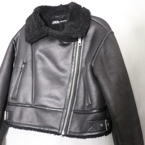 ZARA Aviator Biker Jacket Womens M Faux Leather Shearling Lined Moto Zip Black - Picture 3 of 16